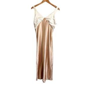 Things Between Cream & Tan Satin V-Neck Sheath Maxi Dress